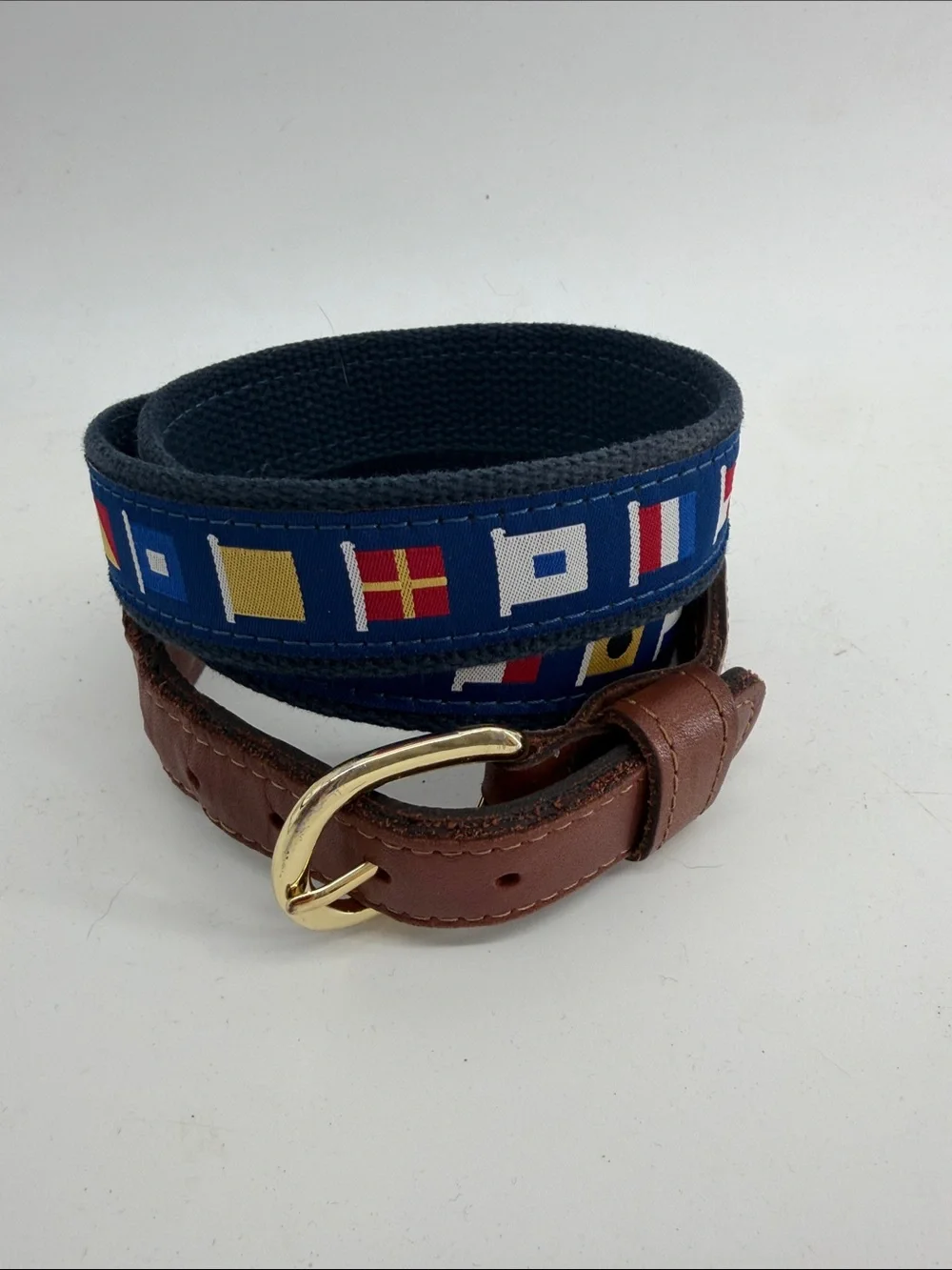 Leather webbing nautical flag preppy belt sz 40